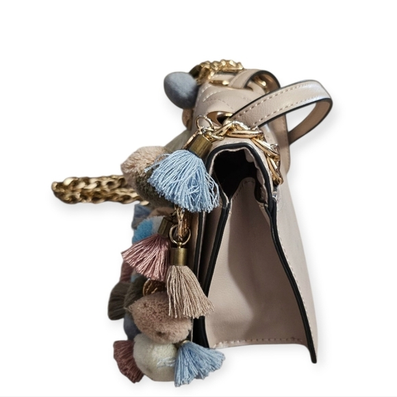 Aldo Cream Chevron Crossbody Bag with Multicolor Pom Poms - Picture 2 of 11